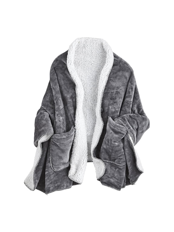 Womens Wearable Throw Blanket Poncho, Blanket Shawl With Pockets, Grey