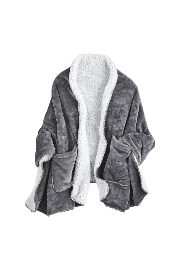 Womens Wearable Throw Blanket Poncho, Blanket Shawl With Pockets, Grey