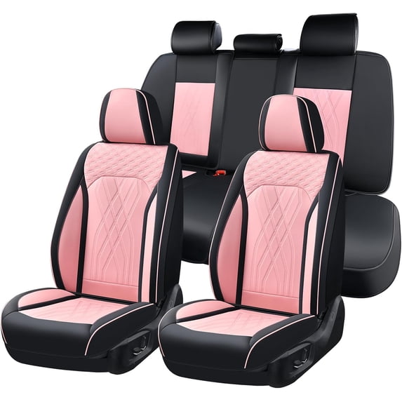 FLORICH Car Seat Covers Full Set, Universal Leather Seat Covers Full Coverage, Waterproof for Most Car Truck SUV, Black & Pink
