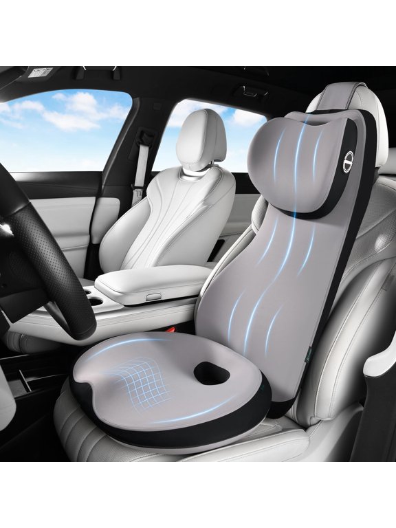 Car Seat Cushion and Lumbar Support Pillow with Headrest, One-Piece Full Back Memory Foam Back Support with Wider Design & Adjustable Head Neck Pillow for Car SUV Truck, Gray Black