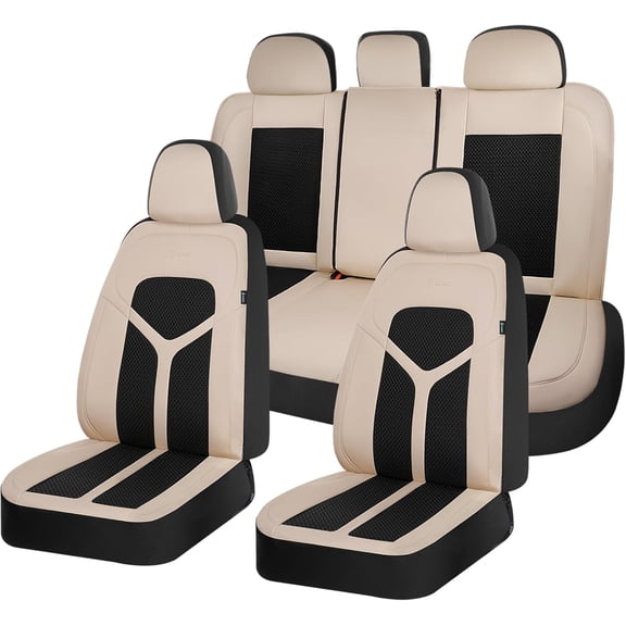 FLORICH Full Set Car Seat Cover for Most Car SUV Truck - Premium Comfort with Breathable Mesh Panels and Durable Leather Construction, Beige