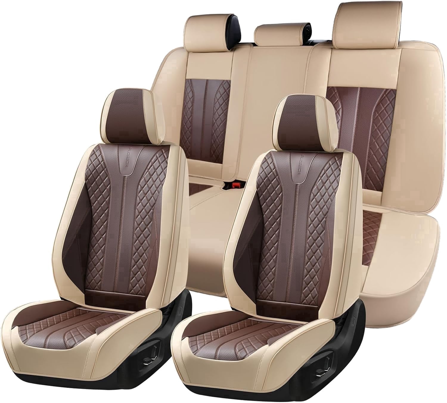 FLORICH Full Set Car Seat Covers, Premium Faux Leather Seat Protectors, Breathable Material Cushions Universal Fit for Most Cars, Beige & Coffee