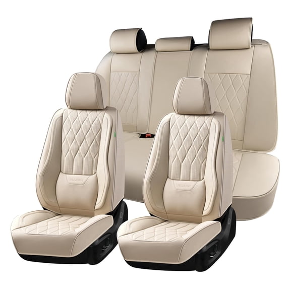 FLORICH Full Set Car Seat Covers, Universal Nappa Leather Seat Covers for Car Trucks SUV with Lumbar Support, Waterproof, Anti-Slip, Beige