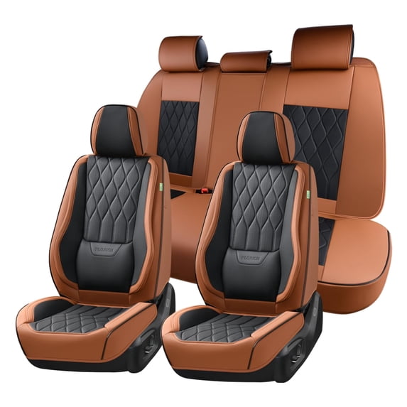 FLORICH Full Set Car Seat Covers, Universal Nappa Leather Seat Covers for Car Trucks SUV with Lumbar Support, Waterproof, Anti-Slip, Black & Brown