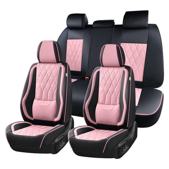 FLORICH Full Set Car Seat Covers, Universal Nappa Leather Seat Covers for Car Trucks SUV with Lumbar Support, Waterproof, Anti-Slip, Black & Pink