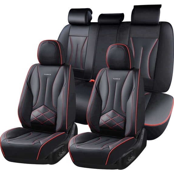 FLORICH Full Set Leather Car Seat Covers, Waterproof Front and Rear Seat Covers for Cars, Automotive Seat Protector Fit for Most Car SUV Truck, Black & Red Line