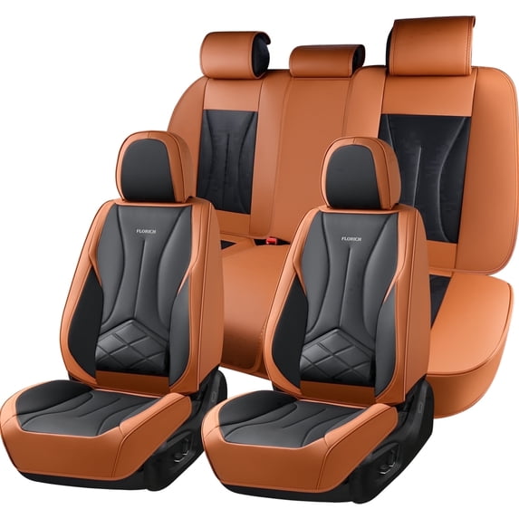 FLORICH Full Set Leather Car Seat Covers, Waterproof Front and Rear Seat Covers for Cars, Automotive Seat Protector Fit for Most Car SUV Truck, Brown & Black