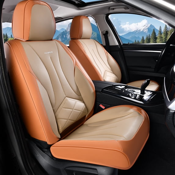 FLORICH Leather Car Seat Covers, Waterproof Front Seat Covers for Cars, Automotive Seat Protector Fit for Most Car SUV Truck, Brown & Beige