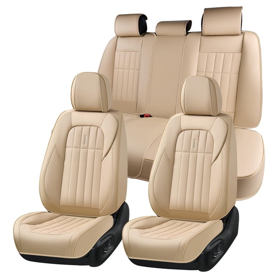 FLORICH Waterproof Leather Seat Cover Full Set, Universal Auto Seat Protectors for Sedans & Compact SUVs, Airbag Compatible, Beige