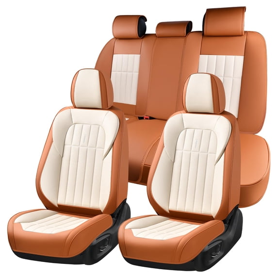 FLORICH Waterproof Leather Seat Cover Full Set, Universal Auto Seat Protectors for Sedans & Compact SUVs, Airbag Compatible, Brown & Beige