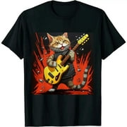 FLORID Cat Playing Guitar Shirt, Men's cat Playing Guitar Tshirt, Music tee,Mens Graphic t Shirts, Funny Vintage Cat Black