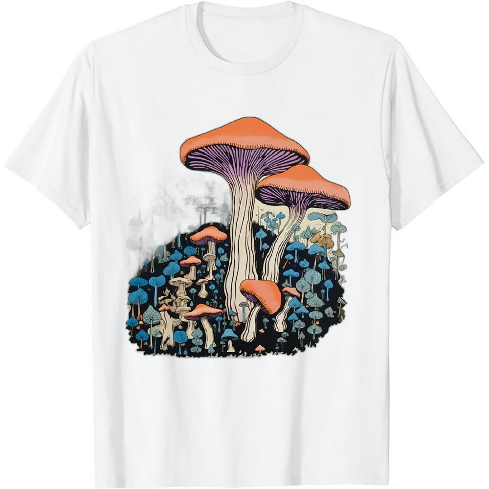 Women's Cute Mushroom T-Shirt - Colorful Graphic Short Sleeve Top, 70% Cotton 30% Spandex, Casual Crewneck Tee