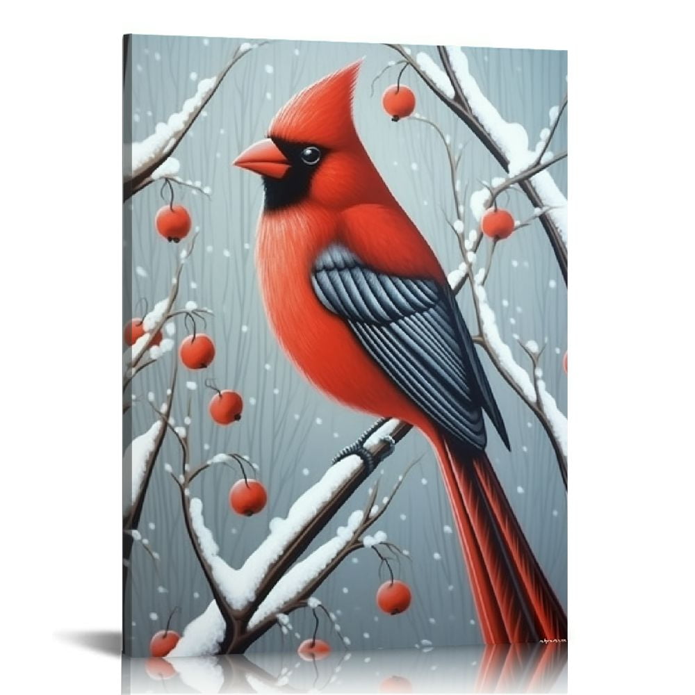 FLORID Wall Art Decor Cardinal Bird And Snow Christmas Canvas Print