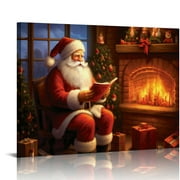 FLORID unframed Vintage Christmas Canvas Wall Art Santa Claus Reading Your Wish List By Fireplace Painting Print for Living Room Bedroom Home Festive Charm Decoration 20x16in