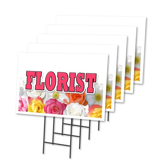 FLORIST 5 Pack Of 12" x 16" Yard Sign & Stake | Advertise Your Business | Stake Included Image On Front Only | Made in The USA