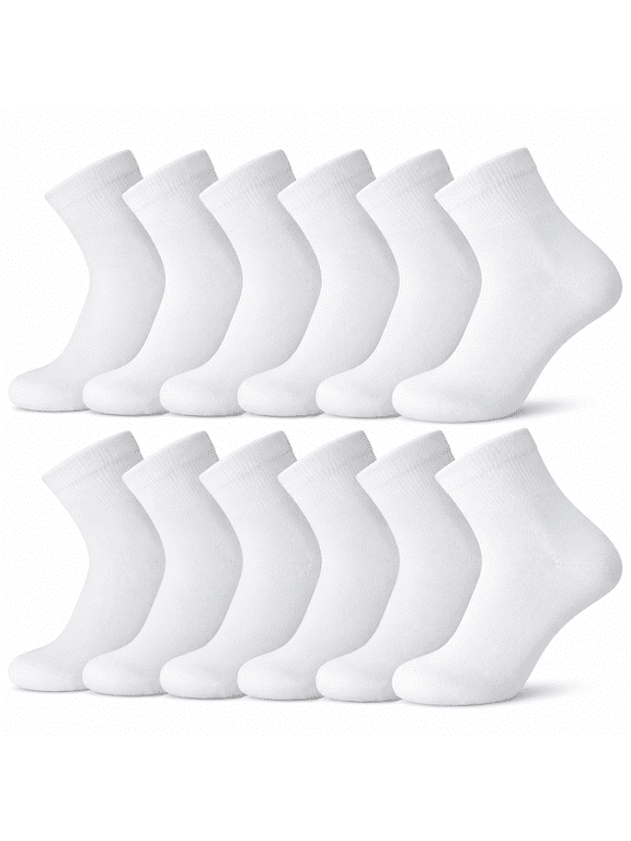 12 Pairs of Diabetic Cotton Quarter Socks with Non Binding Top Breathable Comfortable Casual Dress Business Work Footwear (White, Sock Size 10-13)