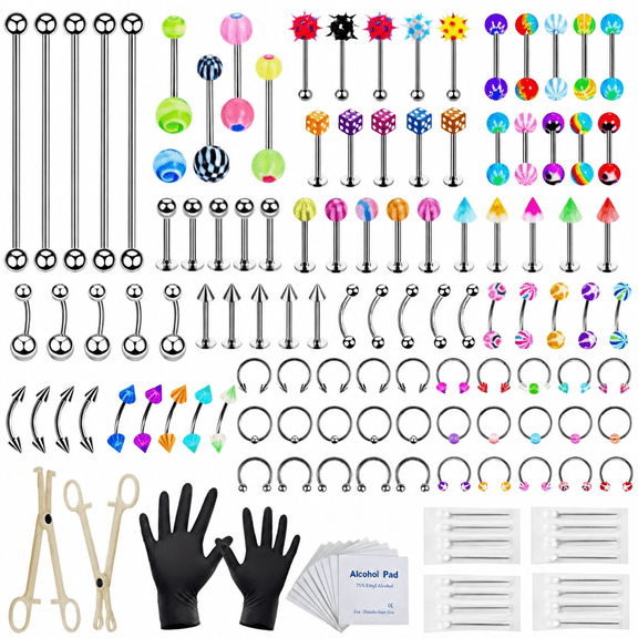 FLORNIX 140PCS Colorful Piercing Kit with 14G 16G Stainless Steel Acrylic Nose Septum Piercing Kit for All Body Piercing Ear Industrial Barbell Horseshoe Earring Lip Tongue Tragus Belly Button Rings