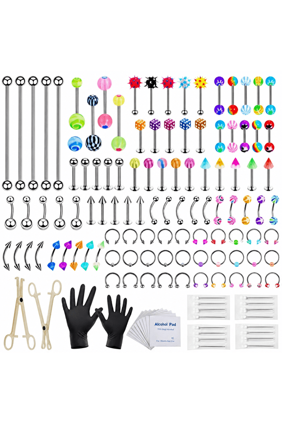 140PCS Colorful Piercing Kit with 14G 16G Stainless Steel Acrylic Nose Septum Piercing Kit for All Body Piercing Ear Industrial Barbell Horseshoe Earring Lip Tongue Tragus Belly Button Rings