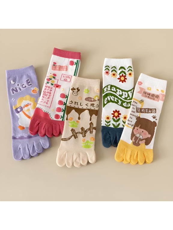 2026 New 5 Pairs Cartoon Cute Women Toe Socks with Separate Fingers Cotton Mid Tube Five Finger Socks Sports Yoga Spring Summer