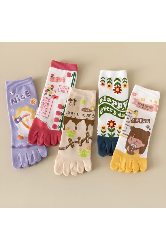 2026 New 5 Pairs Cartoon Cute Women Toe Socks with Separate Fingers Cotton Mid Tube Five Finger Socks Sports Yoga Spring Summer