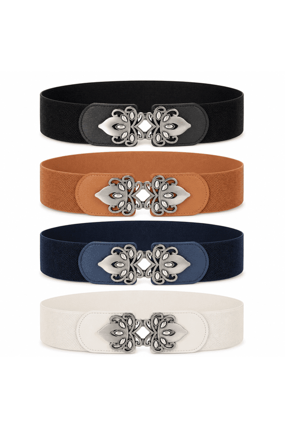 4 Pack Women Wide Elastic Waist Belt for Dress Plus Size Vintage Stretch Cinch Belt Retro Buckle 2.36" Width