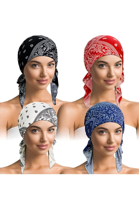 4 Pieces Soft Cotton Chemo wear for Women, Stretch Pre-Tied Chemo Scarves for Cancer