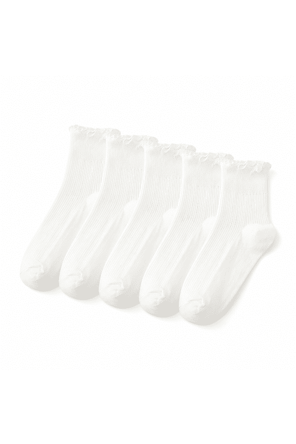 5 Pairs Womens Socks, Ruffle Casual Ankle Socks Breathable Cotton Crew Frilly Sock-White