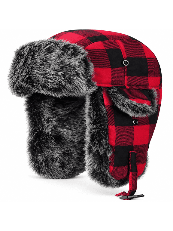Aviator Fur Trapper Hat with Ear Flaps for Women and Men, Red