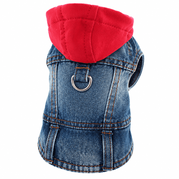 FLORNIX Cool Dog Jean Jacket Vest with D-Ring Blue Denim Dogs Hoodies Outfits for Small Medium Dogs Cats Boy Male Dog Clothes Costume Dogggie Puppy Harness Coat for Frenchie Walking(Red Hat,M)