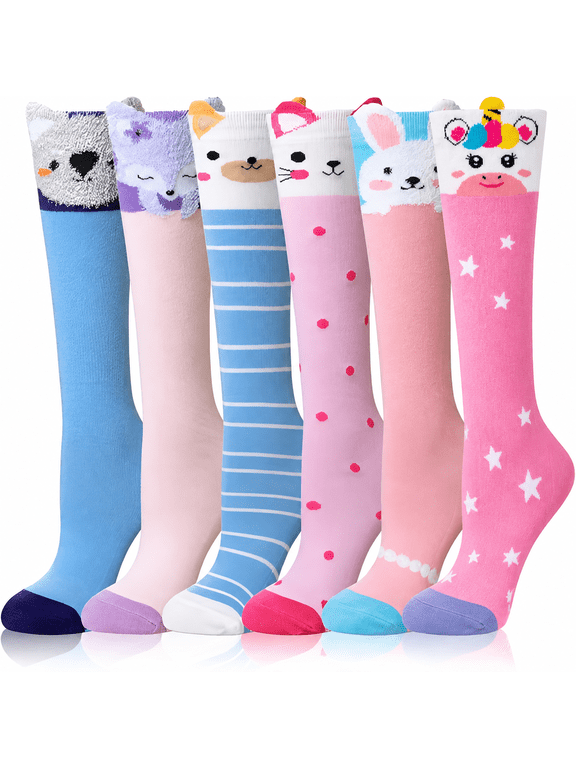 Girls Knee High Socks Long Boot Crazy Silly Tall Fun Gift Cute Animal Cotton Long Socks 6 Pairs