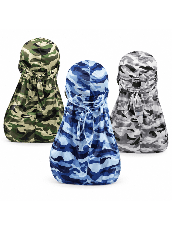 Military Camouflage Premium Silky Durags with Long Tail Colorful 360 Waves Doo Rag for Men Du Rag Cap Long Tail 360 Waves Durag for Men (3/4 Packed)