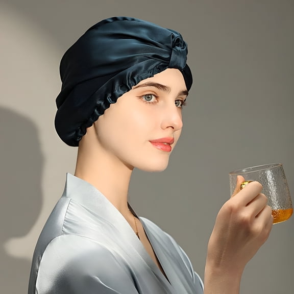 FLORNIX Pure Silk Night Caps Mulberry Silk Sleeping Bonnet Hair Loss Hat Natural Silk Turban For Hair Sleeping Silk Headwrap For Women navy 54-58cm size