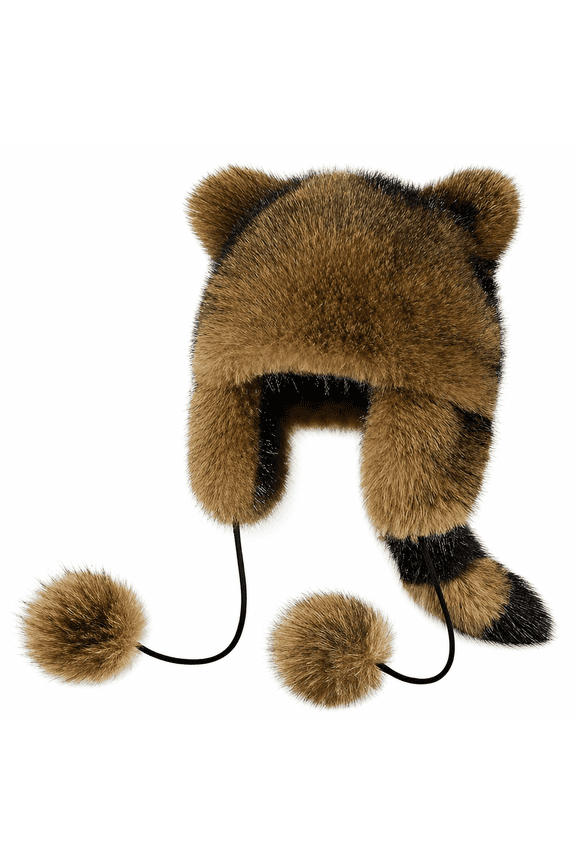 Raccoon Hat with Tail for Women Men Faux Fur Coonskin Raccoon Tail Hat Warm Winter Cap for Unisex Cold Weather