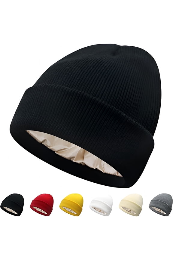 Satin Lined Beanie for Women Silk Lining Soft Winter Hats Reduce Frizz Knit Beanies Warm Skull Cap