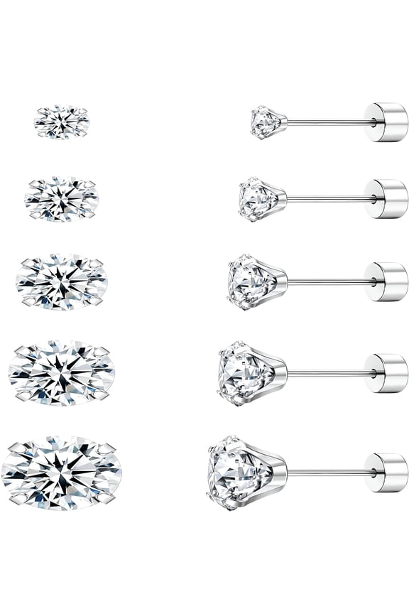 Screw Back Stud Earrings Set 20G Titanium Steel Cartilage Piercing Jewelry for Women Men Sensitive Ears CZ Tragus Helix Flat Back Earrings Stud White