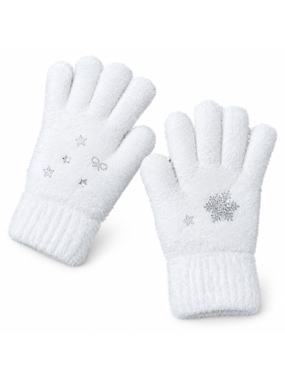 Snowflake Full Finger Gloves for Women Fashion White Short Gloves for Teens Short White Gloves