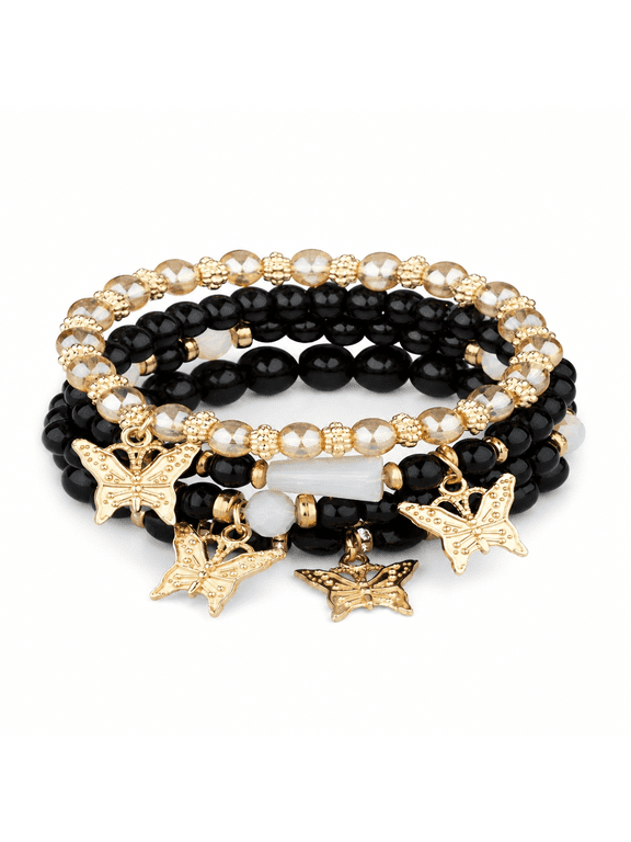Stackable Crystal Beaded Bracelets for Women Boho Multi Layer Stretch Bracelets Natural Stone Bead Bracelet with Butterfly Charm Jewelry for Women - Black 6.29Inch