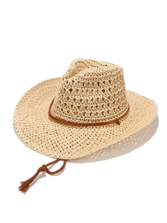 Straw Hats for Men with Wide-Brim Sun Protection Cowboy Visor Hat Mens Casual Solid Color Drawstring Breathable Summer Cap Mens Cowboy Hat