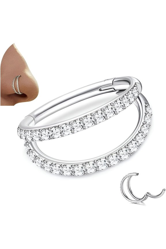 Titanium Nose Rings Hoops 16G 18G Double Hoop Septum Click Nose Rings Lip Rook Lobe Tragus Helix Cartilage Daith Conch Earrings Clear CZ Paved Nose Piercing Jewelry for Women Men Silver