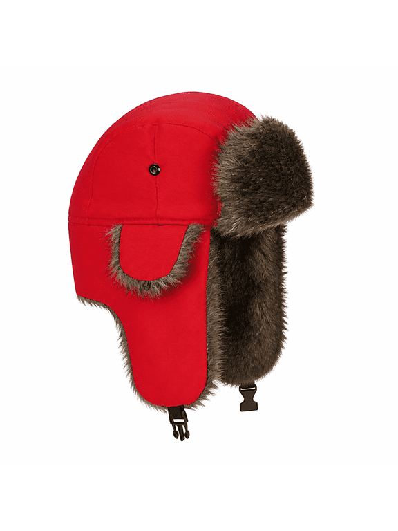 Unisex Faux Fur Lined Trapper Hat Warm Windproof Winter Russian Hat Red
