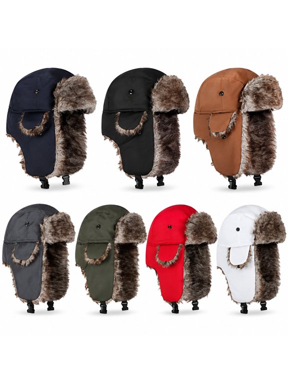 Unisex Men Women Russian Hat Trapper Bomber Warm Trooper Ear Flaps Winter Ski Hat Solid Color Faux Fur Cap Headwear Red