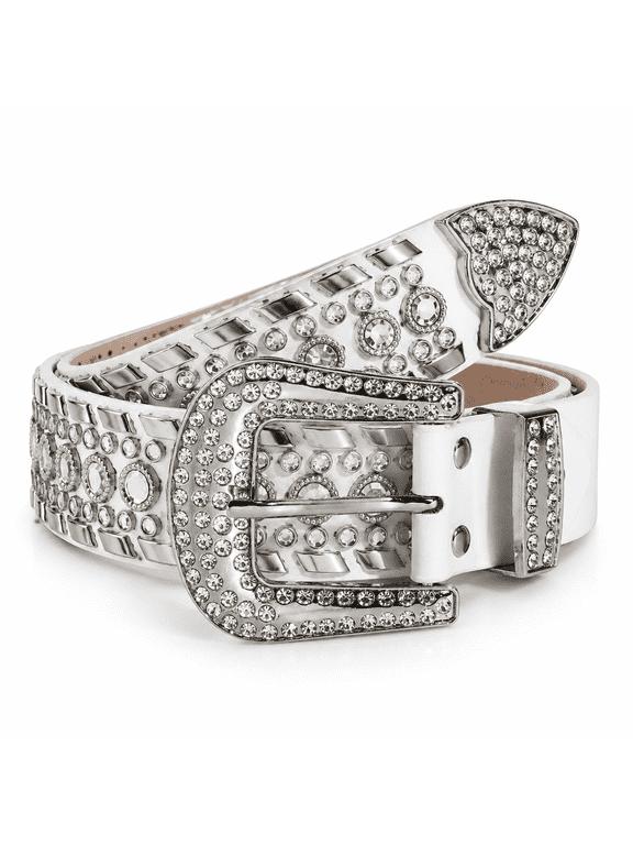 Women'S Rhinestone Belt Faux Leather Studded D Ring Casual Beaded Medium Buckle Punk Adjustable Belts Bedazzled Belt White Small-Large