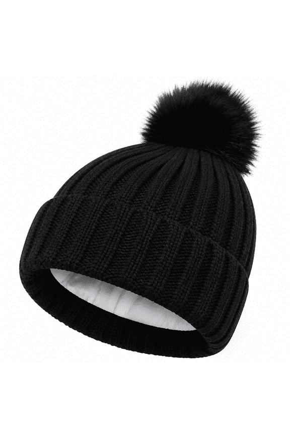 Women's Winter Beanie Hat Warm Silk Satin Lined Cuffed Cable Knit Hat with Detachable Pom Ski Skull Cap Black