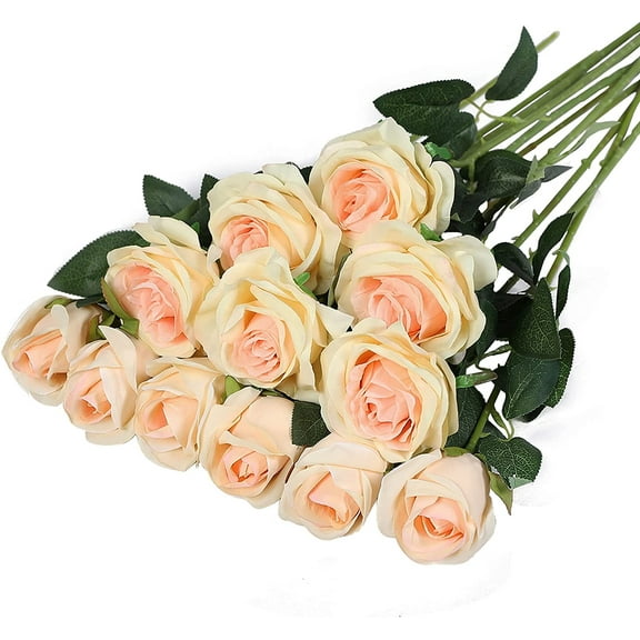 FLORRALIA 12PCS Artificial Silk Flowers Realistic Roses Bouquet Long Stem for Home Wedding Decoration Party (Champagne) A
