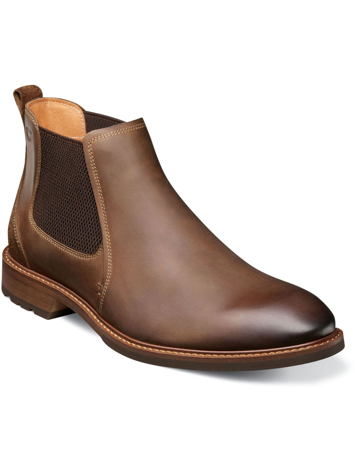 THE MENS STORE Mens Brown Back Pull-Tab Goring Padded Round Toe Block Heel Leather Chelsea Boot