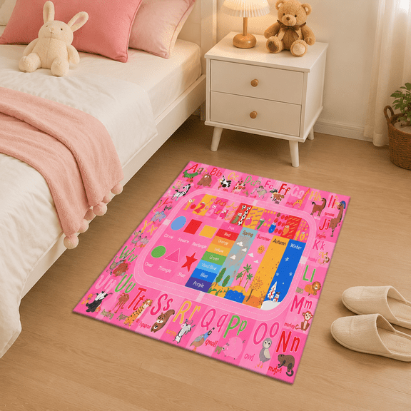 FLORVIX Pink Kids Rug for Playroom Classroom,Abc Alphabet Numbers Play Toddlers Rugs,Learning Educational Bedroom Floor Mat,Washable Baby Carpet for Girls Room,Nursery,Preschool-15.7X23.6in
