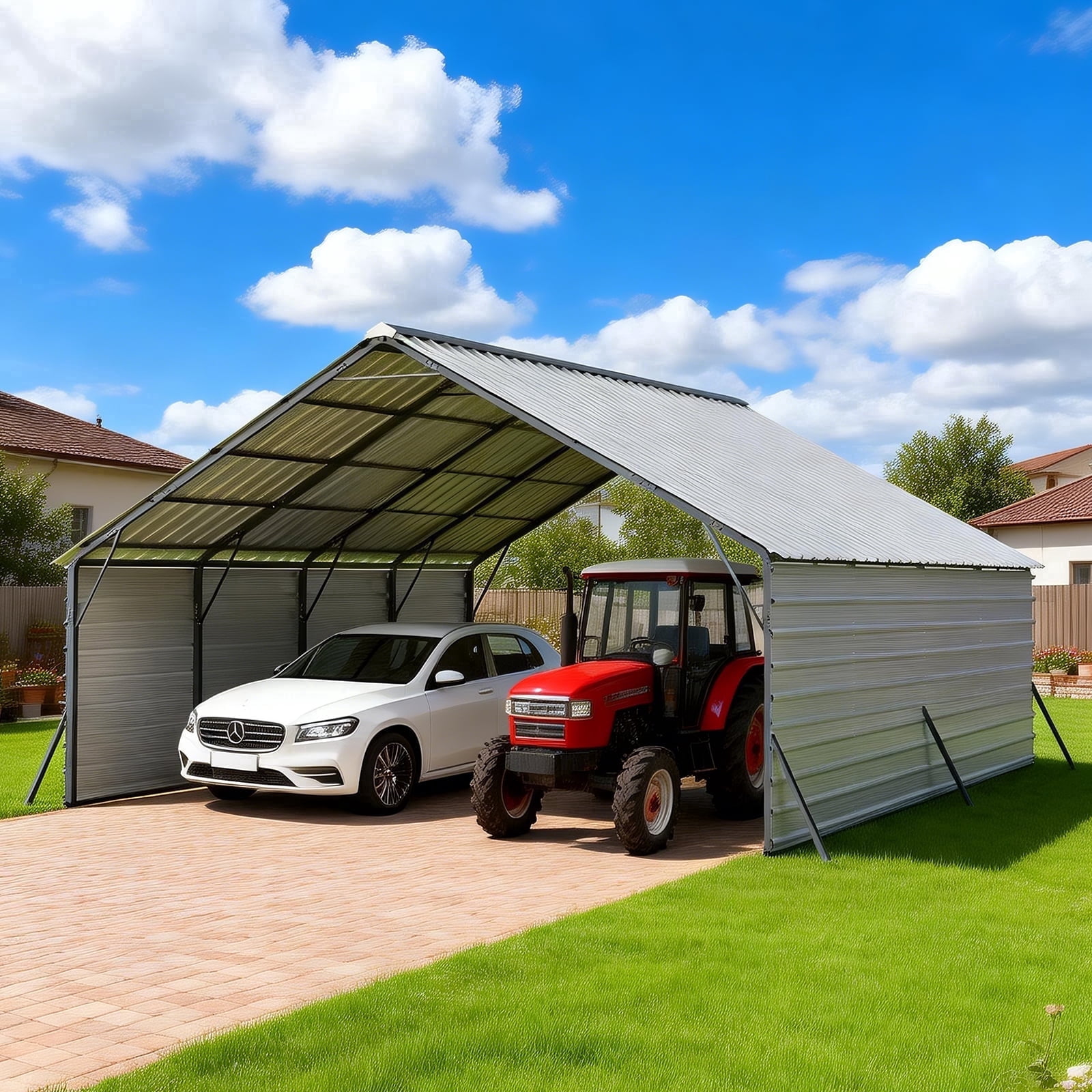 FLOUREE 20x20 FT Metal Carport Heavy Duty with Metal Sidewalls for All-Weather Use Enclosed Car Port with Vertical Steel Roof, Reinforced Base & Beams, 2 Car Garage Shelter for Car, Boats and Truck