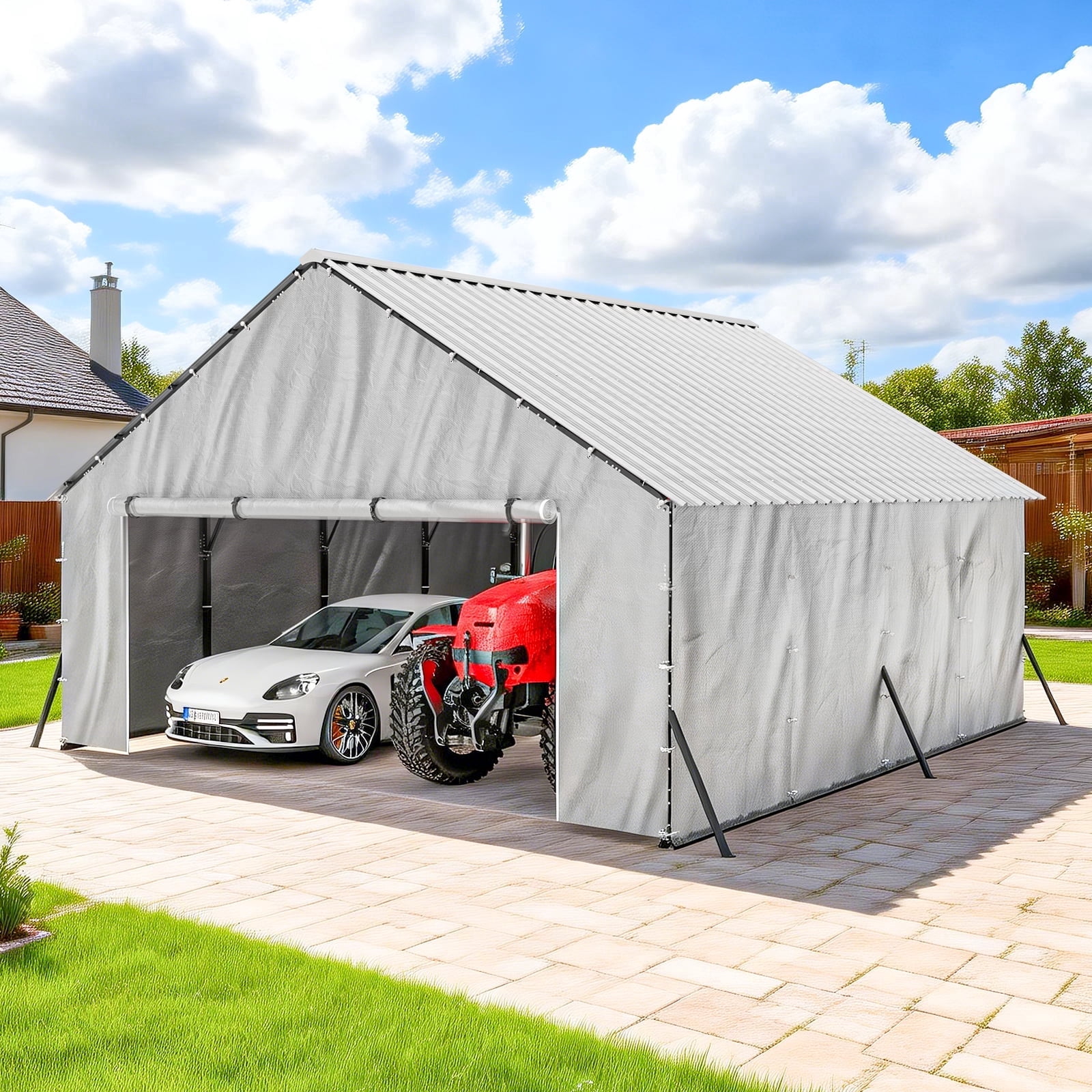 FLOUREE 20x20 FT Metal Carport Heavy Duty with PE Sidewalls for All-Weather Use Enclosed Car Port with Vertical Steel Roof, Reinforced Base & Beams, 2 Car Garage Shelter for Car, Boats and Truck