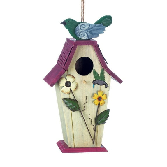 Country Flowers Wood Bird House with Hummingbird