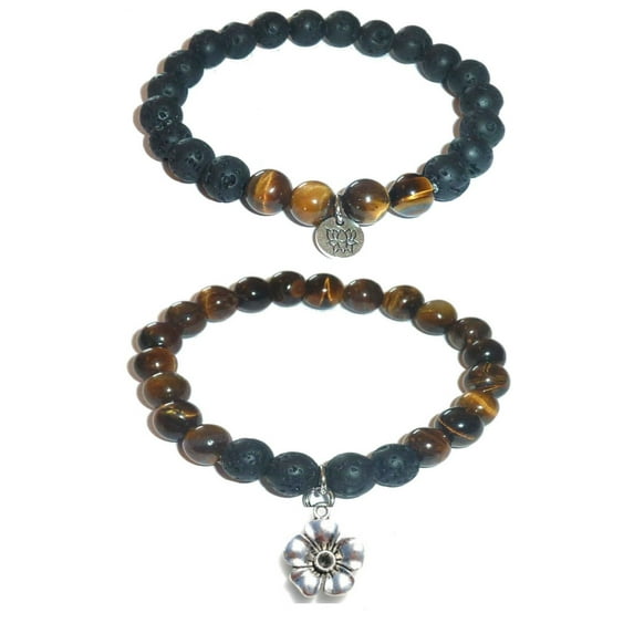 FLOWER Charm Women's Tiger Eye & Black Lava Stretch Bracelet Gift Set